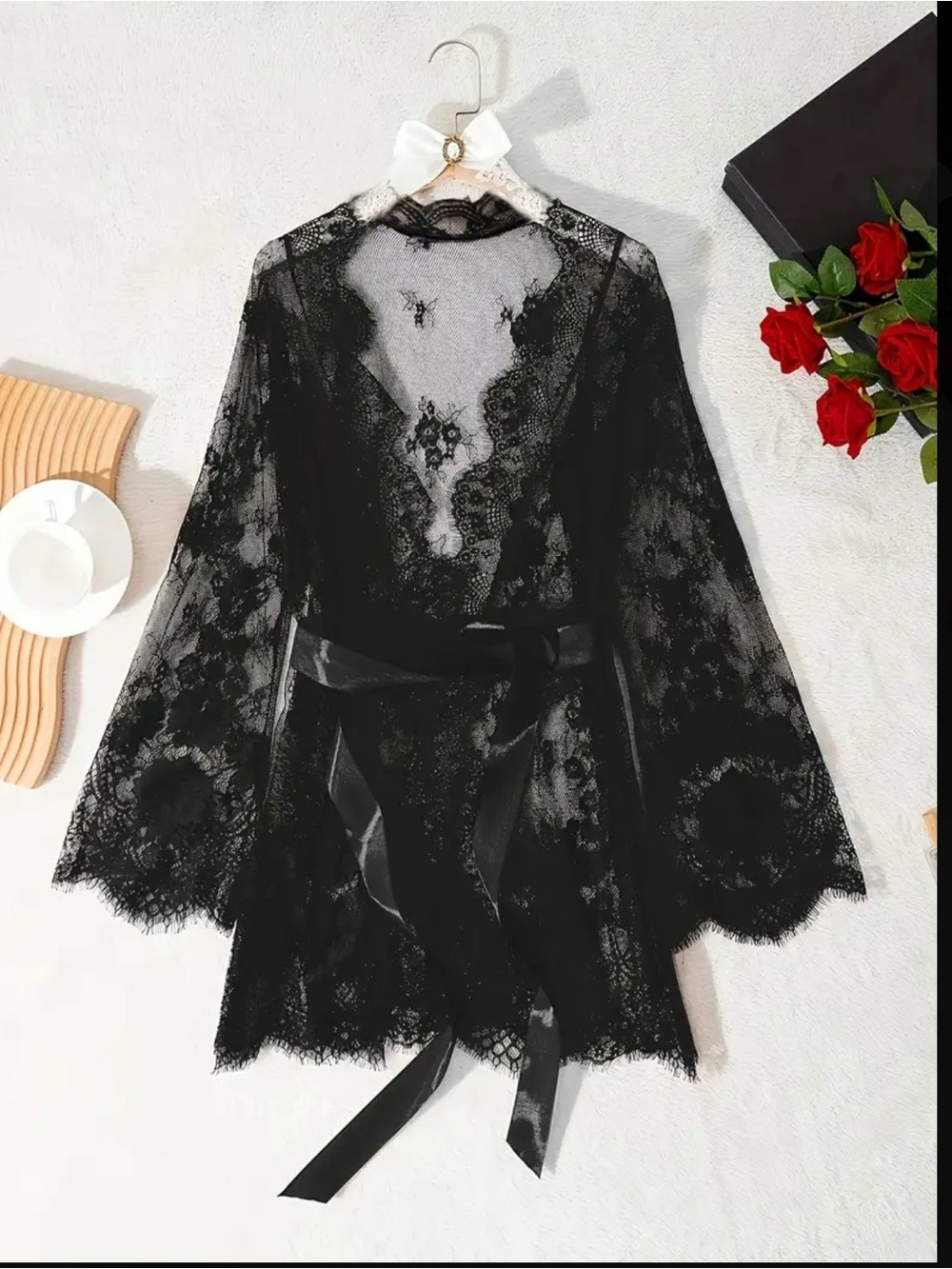 Black XL Lace Short Robe with Satin Belt New